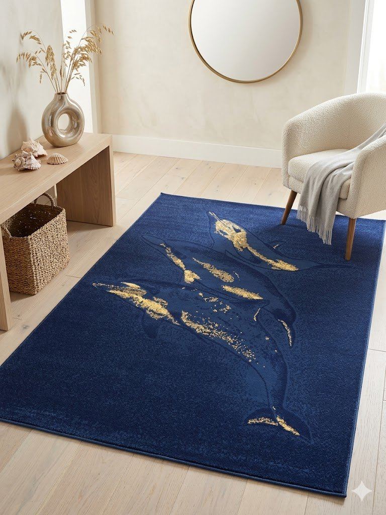Blue Africa Dolphin, Family Rug, afrobohemian African figurative design